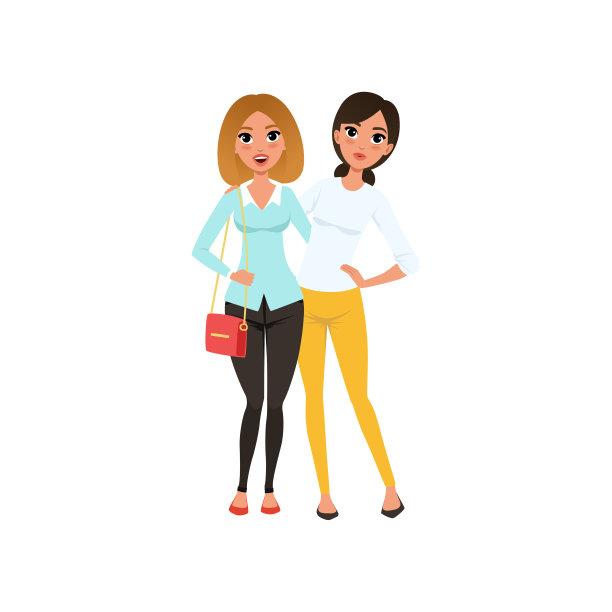 一对快乐的年轻女人站在一起，拥抱矢量插图图片下载