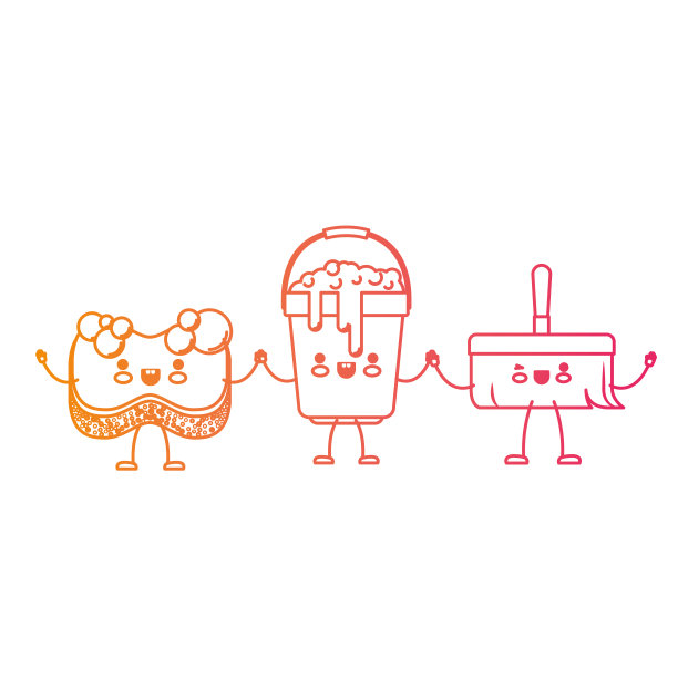 卡哇伊卡通桶与肥皂水和海绵和扫帚手在退化黄色到品红剪影图片下载