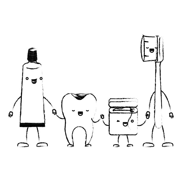 牙齿和牙膏，牙线和牙刷在卡通牵手在单色模糊轮廓图片下载