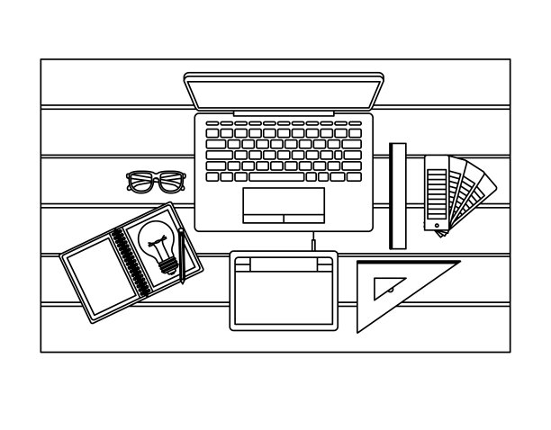 笔记本电脑和绘图工具在桌面上的顶部视图在黑色轮廓图片下载