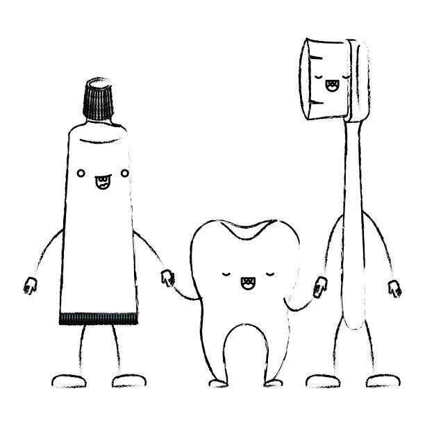 牙膏和牙齿和牙刷在卡通牵手在单色模糊剪影图片下载