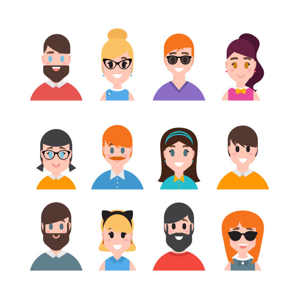 男性和女性肖像。人化身集合。简单的平面卡通风格。男人，男孩，女孩和女人的角色图片下载