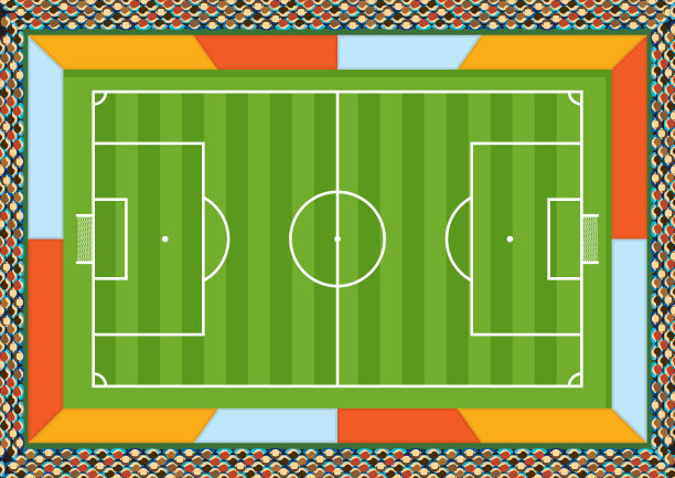 用白色线在绿色背景上绘制的足球场鸟瞰图，球场周围的广告空间和观众挤满了体育场图片下载