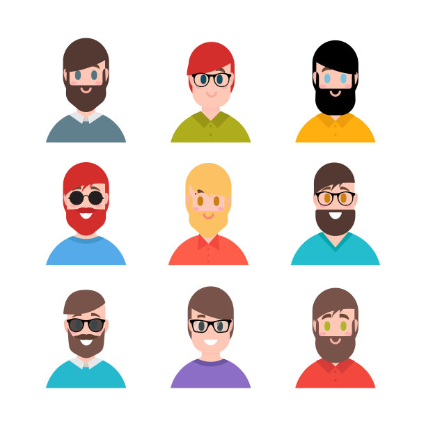 年轻的男孩和男人。卡通平面风格的化身。男性角色图片下载