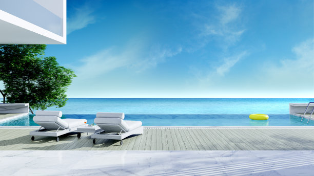 放松的夏天，海滩休息室，日光浴甲板上的太阳躺椅和私人游泳池附近的海滩和全景海景豪宅/3d渲染图片下载