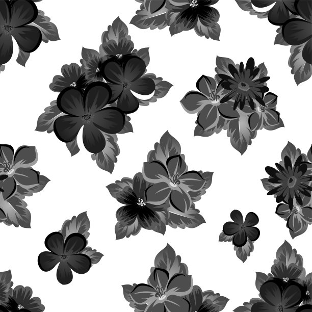 抽象无缝单色图案上的花在白色的背景。用于设计明信片，问候，生日邀请，婚礼，派对，节日，庆典。的装饰。素材图片