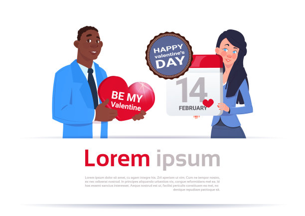 情人节快乐概念年轻夫妇持有心形卡片和日历页在模板背景图片下载