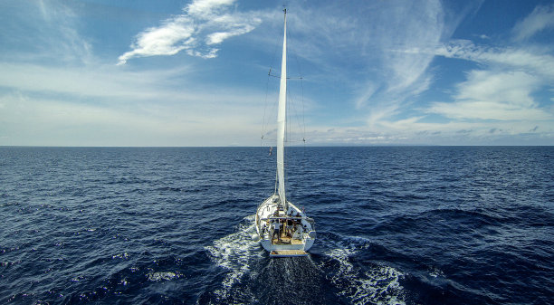 航行在公海上的帆船，鸟瞰图图片下载