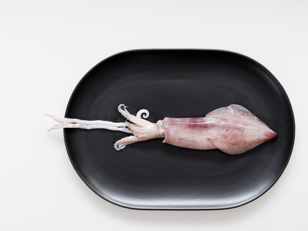 生鱿鱼或墨鱼放在黑色椭圆形盘子上，孤立在白色背景上图片下载