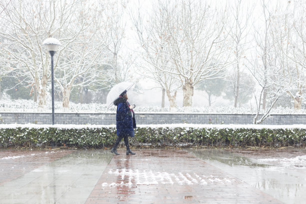 带着伞在雪中行走的女人图片下载