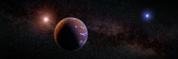 美丽的系外行星，是外星双星系统的一部分，有一颗红色和蓝色的恒星，科幻小说中的场景图片下载