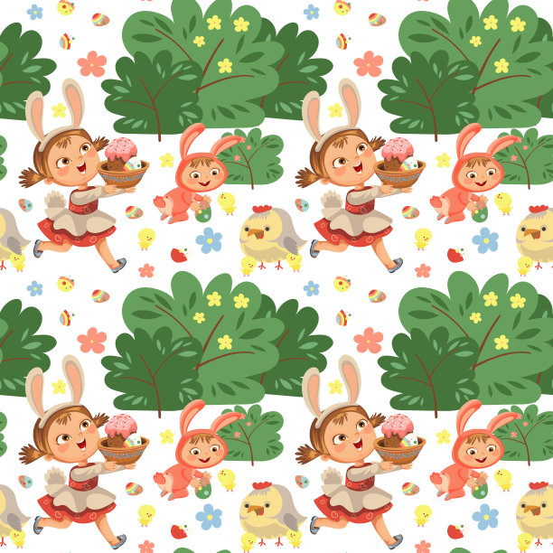 无缝图案女孩微笑奔跑狩猎装饰巧克力蛋在复活节兔子服装耳朵和尾巴矢量插画，春节假期的乐趣孤立在白色，婴儿奔跑与paschal篮子为鸡蛋猎人图片下载
