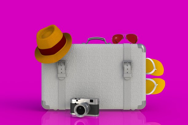 一个带着草帽和复古胶片相机的旅行箱，粉色背景，3D渲染图片下载