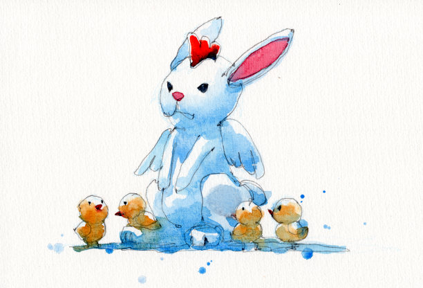 水彩手绘兔子和小鸡插画素材图片