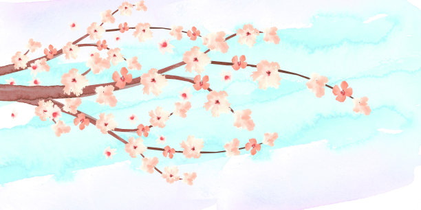 水彩樱花树枝与蓝色水彩天际线素材图片