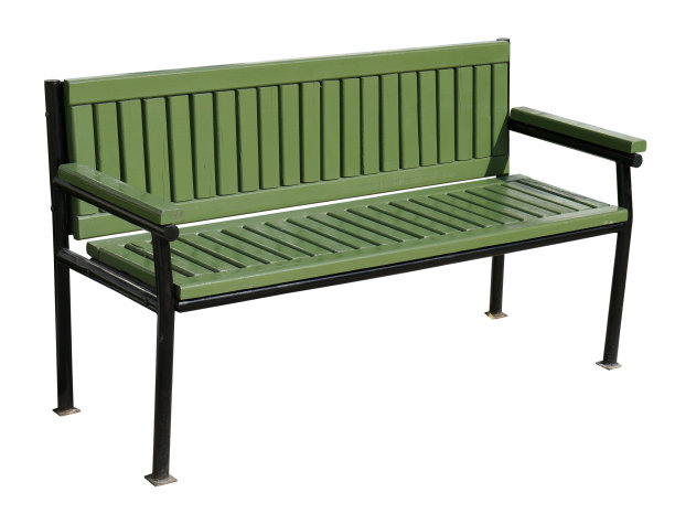 新的绿色休息长椅在夏季公园。孤立在白色的。框架由金属制成。图片下载