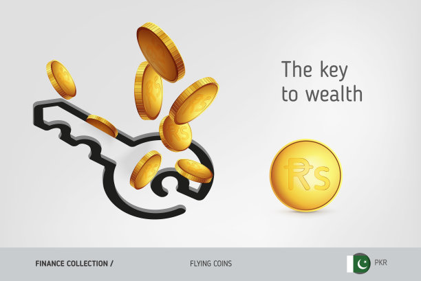 关键图标与飞行巴基斯坦卢比硬币，金融概念。矢量插图印刷，网站，网页设计，移动应用程序，信息图表。图片下载