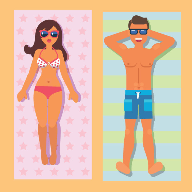 一对年轻的游客在海滩上晒太阳图片下载