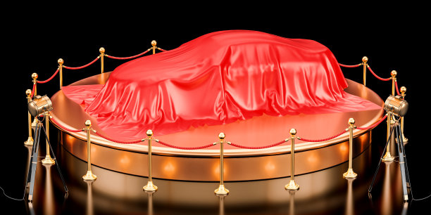 展示汽车概念，讲台上有汽车覆盖的红布。3D渲染孤立的黑色背景图片下载