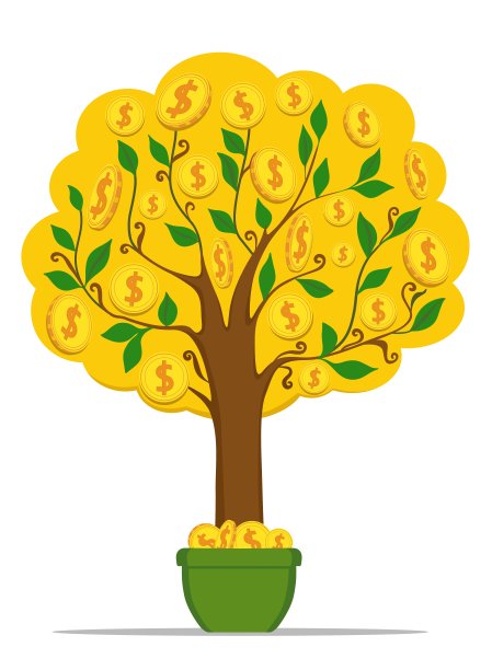 钱树上有金币和美元。矢量插图。图片下载