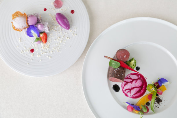 两道高雅、创意的餐厅菜品——高级定制食品理念图片下载