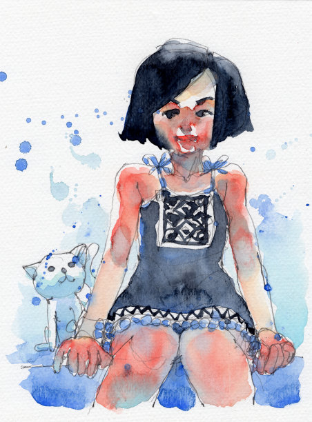 水彩画插图的女孩在黑色苗族服装，手绘在纸上素材图片