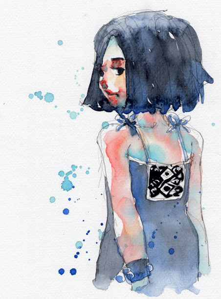 水彩画插图的女孩在黑色苗族服装，手绘在纸上素材图片