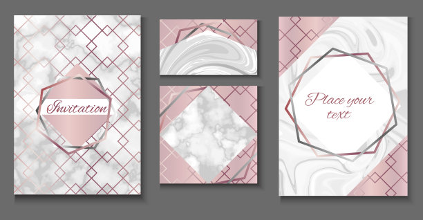 宣传册或vip包装设计套装，奢华的包装纸模板或时尚几何风格的背景，大理石纹理，金色玫瑰金属，相框，矢量时尚壁纸，海报，礼盒素材图片