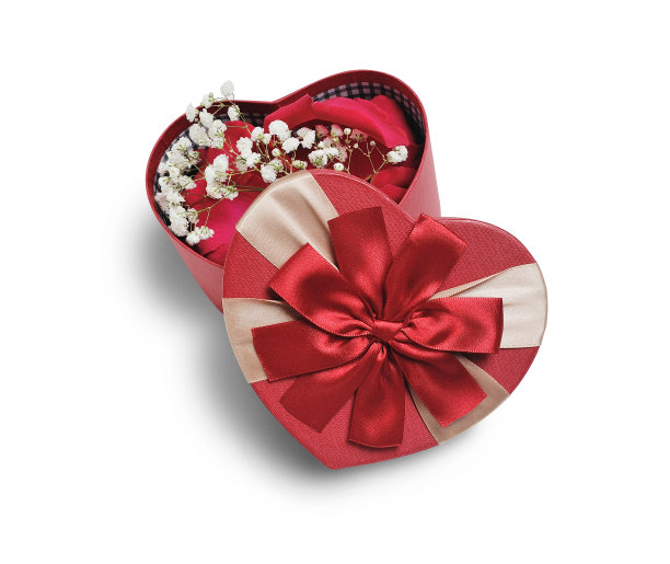 打开心礼盒与红色蝴蝶结鲜花，孤立的剪贴面具在白色背景，俯视图，插图情人节或婚礼图片下载