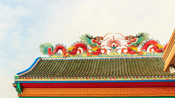 中国寺庙屋顶上的双龙图片下载