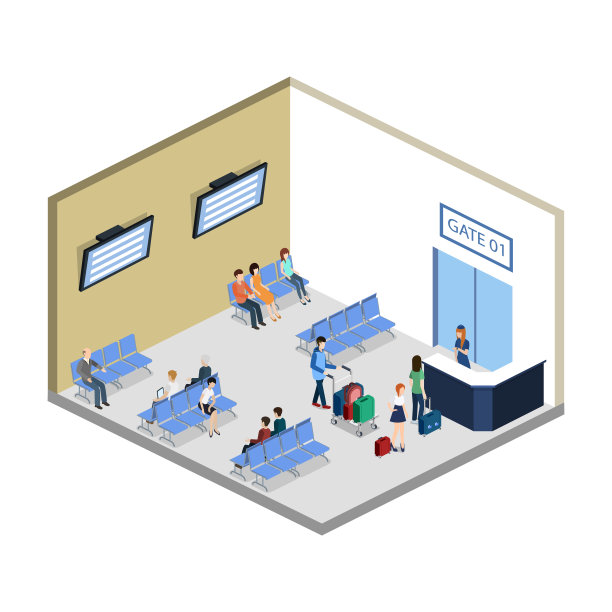 三维等距矢量图的人在机场与行李和等待飞机图片下载