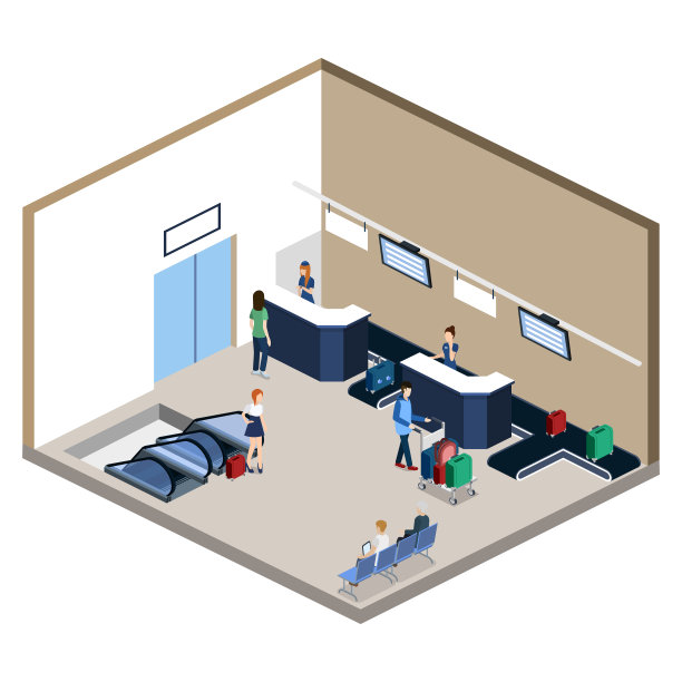 三维等距矢量图的人在机场与行李和等待飞机图片下载