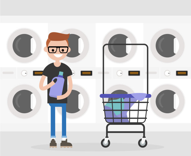 日常生活。一个在公共洗衣店洗衣服的年轻人。平面可编辑矢量插图，剪辑艺术图片下载