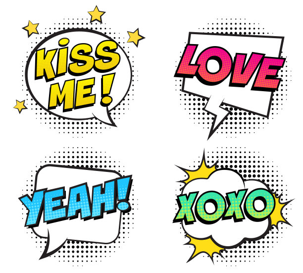 复古色彩的喜剧演讲气泡设置与半色调阴影在白色的背景。表达文字耶，爱，亲亲我，等等。图片下载