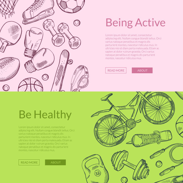 矢量手画运动设备横横幅模板图片下载