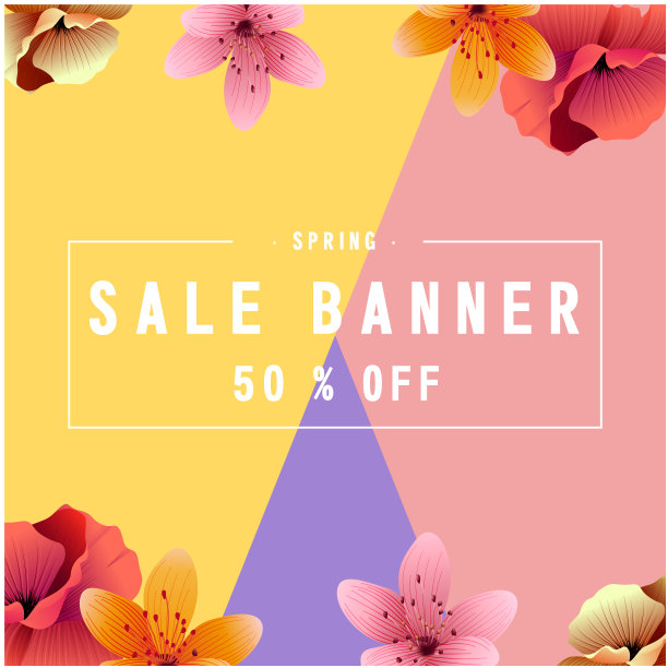 春季销售横幅50%折扣，彩色背景矢量图像图片下载