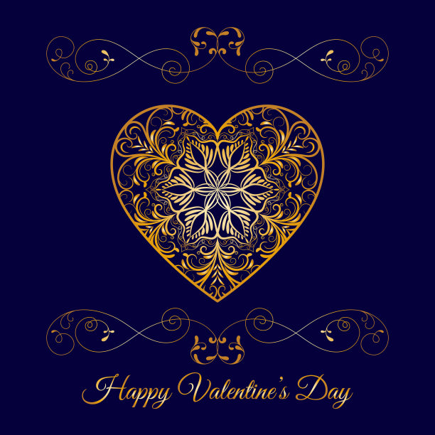 向量黄金花纹心蓝色。情人节快乐图片下载