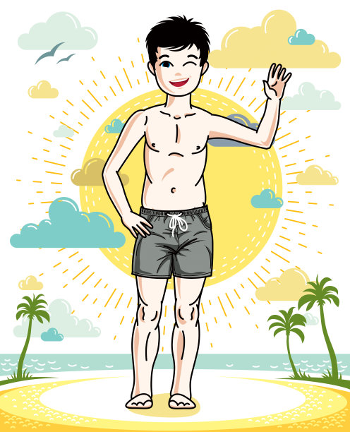 年轻男孩可爱的孩子们站在五颜六色的时尚沙滩短裤。向量的性格。时尚生活主题卡通。图片下载