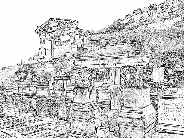 图拉真喷泉：历史文化古迹，土耳其以弗所古城黑白轮廓数字风格图片下载