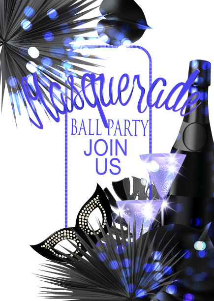 漂亮的假面舞会横幅，上面有面具，高脚杯，香槟和热带树叶。矢量图图片下载