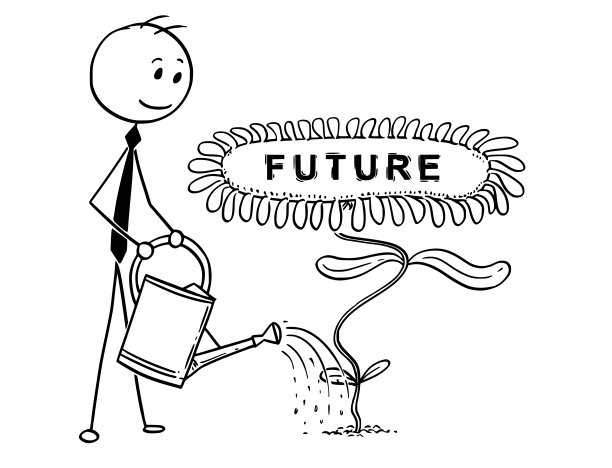 商人园艺师用花卉浇灌开花的植物作为未来的标志图片下载