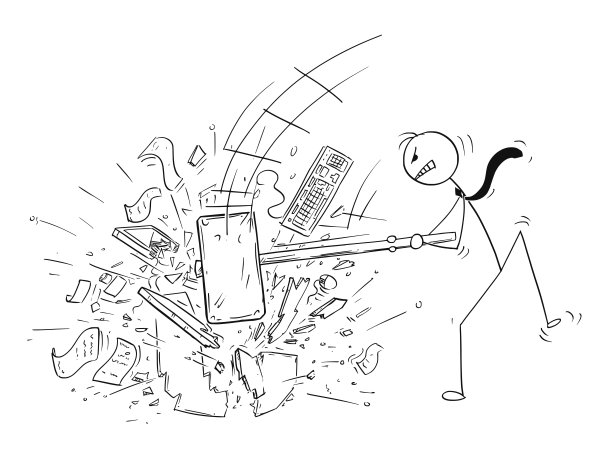 愤怒的商人用大锤或铁锤破坏办公电脑的卡通图片下载