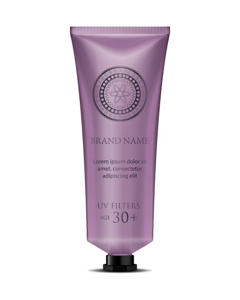 化妆品豪华包装，塑料管。带有小黑帽的容器。天鹅绒管模型用于油，面霜，牙膏，磨砂膏或凝胶。孤立的图片下载