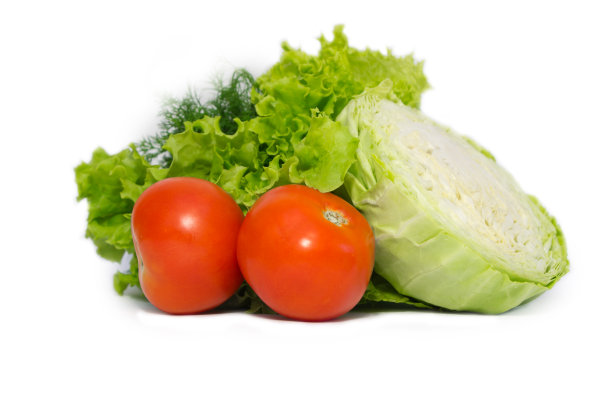 新鲜蔬菜孤立。红番茄，卷心菜和沙拉叶。素食食品,健康饮食图片下载
