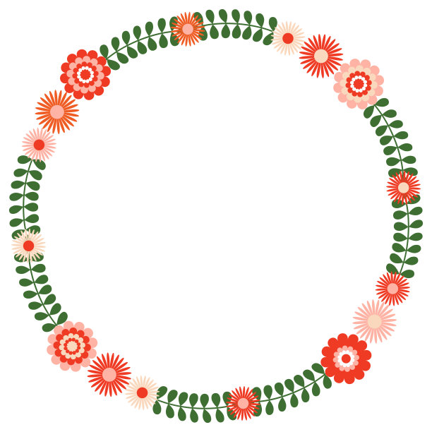 圆形花圈，绿叶，粉红色和红色的花图片下载