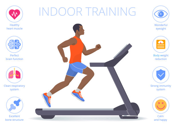 一个美国黑人正在跑步机上跑步。平面向量插图。素材图片