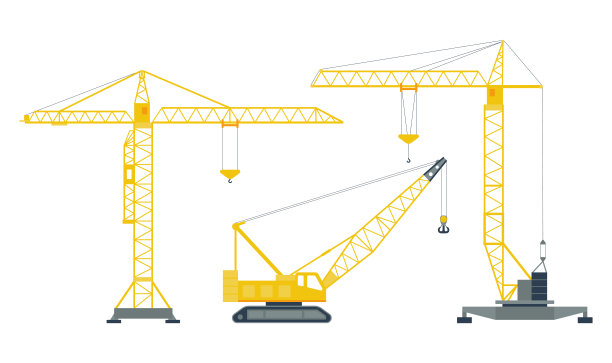 一组孤立的黄色吊车在白色背景。收集起重起重机。图片下载