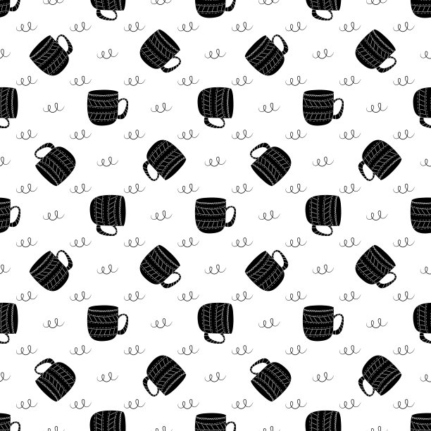 矢量无缝图案杯的咖啡，茶，牛奶在斯堪的纳维亚风格。用于壁纸，背景，包装纸图片下载