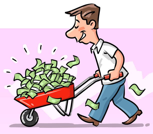 年轻人推着一辆装满钱的小推车图片下载