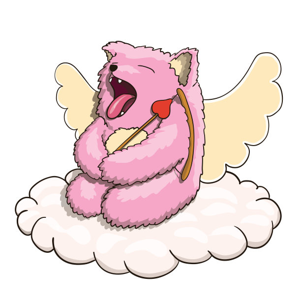 神话中的打哈欠的丘比特粉猫疲倦，与丘比特的箭和弓休息在云图片下载